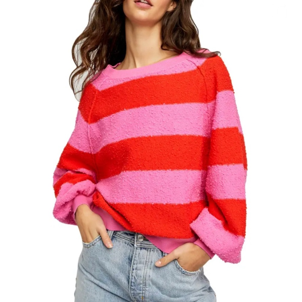 Free People Pink and Red Striped Crewneck Sweater